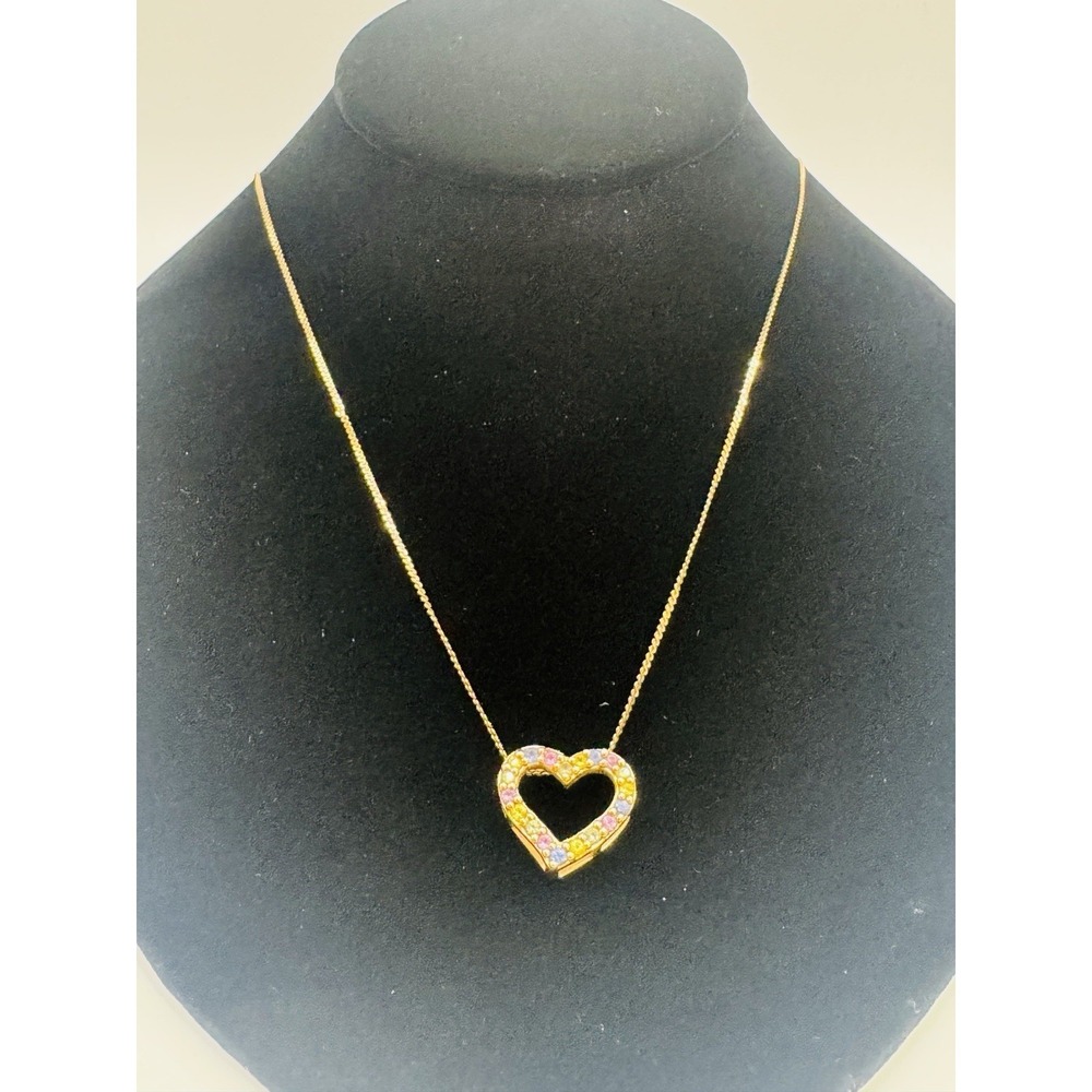 14K Gold Heart Pendant Necklace 19" 4.5g Multi Stone Open Heart